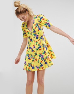 Желтое чайное платье на молнии с цветочным принтом ASOS - Мульти