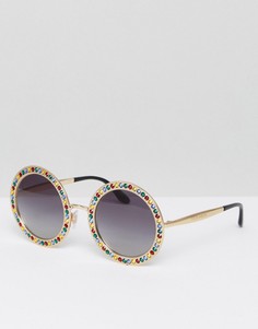 Большие круглые солнцезащитные очки в позолоченной оправе со стразами Dolce &amp; Gabbana - Золотой