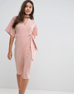 Платье миди с чокером и запахом ASOS - Розовый