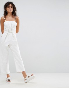 Бежевый джинсовый комбинезон со шнуровкой ASOS - Белый