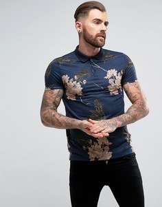 Поло с цветочным черепом ASOS - Темно-синий