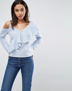 Асимметричный хлопковый топ в полоску с оборкой ASOS - Мульти