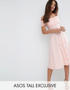 Платье миди в горошек с вырезом лодочкой ASOS TALL - Розовый