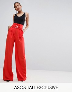 Широкие брюки с присборенной талией и D-образной пряжкой ASOS TALL EXCLUSIVE - Красный