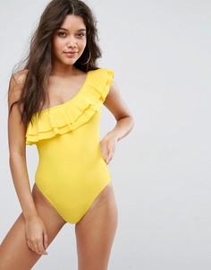Слитный купальник на одно плечо с оборками Boohoo - Желтый