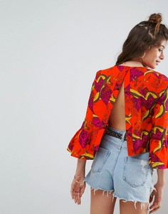 Хлопковый топ с открытой спиной и ярким тропическим принтом ASOS - Мульти