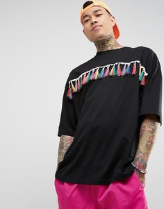 Черная oversize-футболка с разноцветной бахромой ASOS - Черный