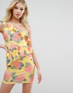 Облегающее платье на одно плечо с тропическим принтом Missguided - Желтый