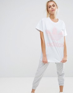 Бело-розовая футболка с большим логотипом-трилистником adidas Originals - Белый