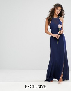 Шифоновое платье макси с отделкой в цвет и завязкой TFNC WEDDING - Темно-синий