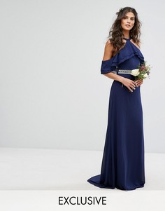 Платье макси с оборками, декорированной талией и шлейфом TFNC WEDDING - Темно-синий