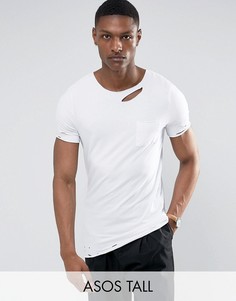 Длинная обтягивающая футболка с потертостями ASOS TALL - Белый