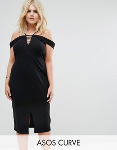 Платье миди с открытыми плечами, вырезом капелькой и ремешками ASOS CURVE - Черный
