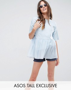 Свободная футболка со вставкой из тюля ASOS TALL - Синий