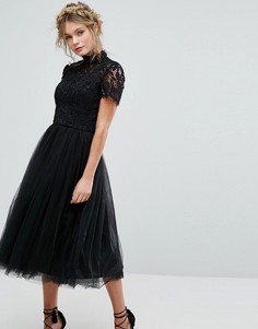 Платье миди с кружевным лифом и тюлевой юбкой Chi Chi London - Черный