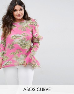 Топ с рюшами, вырезами на плечах и принтом ASOS CURVE - Мульти