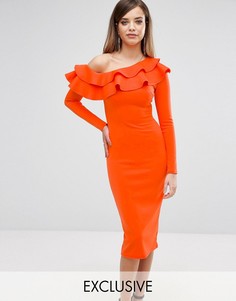 Платье миди на одно плечо с длинными рукавами и оборками Club L - Оранжевый