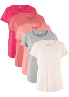 Футболка с короткими рукавами (5 шт.) (кремово-розовый + персиковый + цвет ревеня + красный гранат + светло-серый меланж) Bonprix