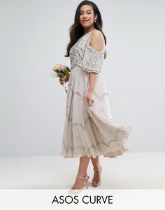 Платье миди с открытыми плечами и цветочной отделкой ASOS CURVE WEDDING - Серый