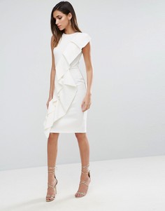 Платье миди с асимметричной двойной оборкой спереди ASOS - Белый
