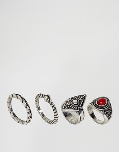 4 фестивальных кольца с камнем и гравировкой ASOS - Красный