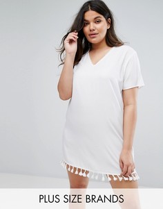Платье-футболка с V-образным вырезом и помпонами Boohoo Plus - Белый