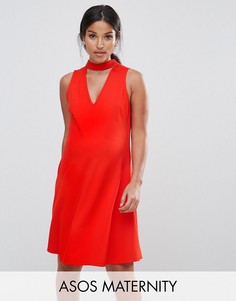 Короткое приталенное платье с пышной асимметричной юбкой и V-образным вырезом ASOS Maternity - Красный