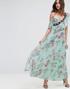 Чайное платье макси с цветочным принтом и шнуровкой ASOS - Мульти