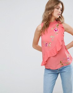 Топ без рукавов с асимметричными оборками и вышивкой ASOS - Розовый