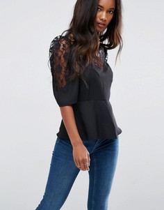 Кружевная чайная блузка с пышными рукавами ASOS - Черный