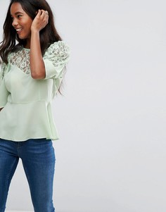 Кружевная чайная блузка с пышными рукавами ASOS - Зеленый