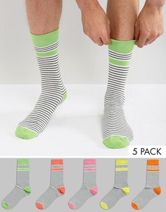 5 пар носков в разноцветную полоску с контрастными носком и пяткой ASOS - Мульти