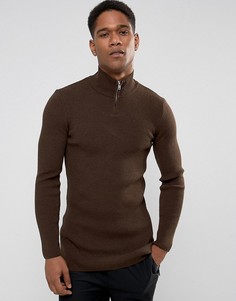 Длинный коричневый джемпер в рубчик с молнией ASOS - Коричневый