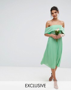 Платье миди с открытыми плечами, плиссированной юбкой и декоративной отделкой TFNC WEDDING - Зеленый