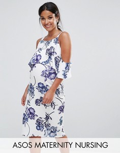 Фактурное платье миди с открытыми плечами и принтом ASOS Maternity NURSING - Белый