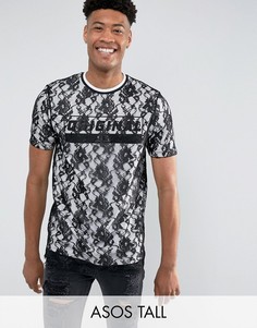 Длинная двухслойная футболка с кружевом и текстовым принтом ASOS TALL - Черный