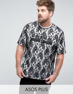 Длинная двухслойная футболка с кружевом и текстовым принтом ASOS PLUS - Черный