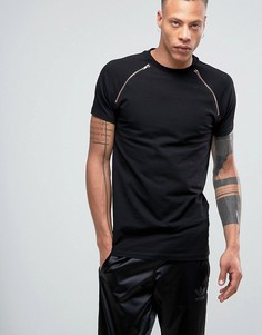 Черная облегающая футболка с рукавами реглан и золотистыми молниями ASOS - Черный