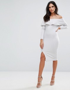 Серое платье миди с открытыми плечами, оборкой и разрезом Missguided - Серый