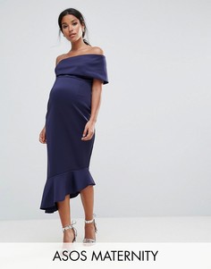 Платье миди на одно плечо с оборкой по нижнему краю ASOS Maternity - Темно-синий