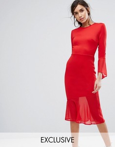 Облегающее платье с расклешенными рукавами и шифоновой вставкой по низу Silver Bloom - Красный