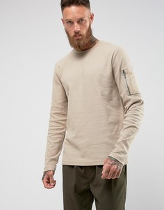 Лонгслив из вафельного трикотажа с карманом в стиле милитари на рукаве Brave Soul - Кремовый