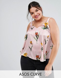Свободный атласный топ на бретельках с цветочным принтом ASOS CURVE - Мульти