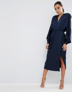 Платье миди с длинными рукавами и подплечниками ASOS - Темно-синий