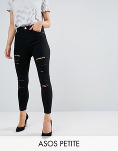 Черные облегающие джинсы с завышенной талией и рваной отделкой ASOS PETITE Ridley - Черный