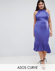 Платье миди с двойными оборками и баской ASOS CURVE - Фиолетовый