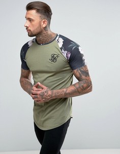 Обтягивающая футболка цвета хаки с цветочным принтом на рукавах SikSilk - Зеленый