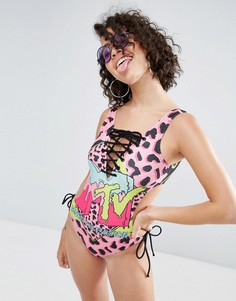 Слитный купальник с принтом и шнуровкой ASOS X MTV - Мульти