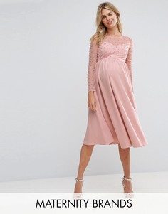 Платье миди с отделкой искусственным жемчугом Little Mistress Maternity - Розовый