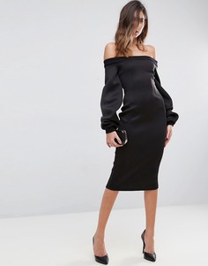 Платье миди с открытыми плечами и пышными рукавами ASOS Premium - Черный
